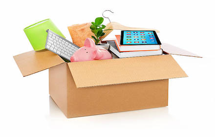 Box full of household stuff, white background